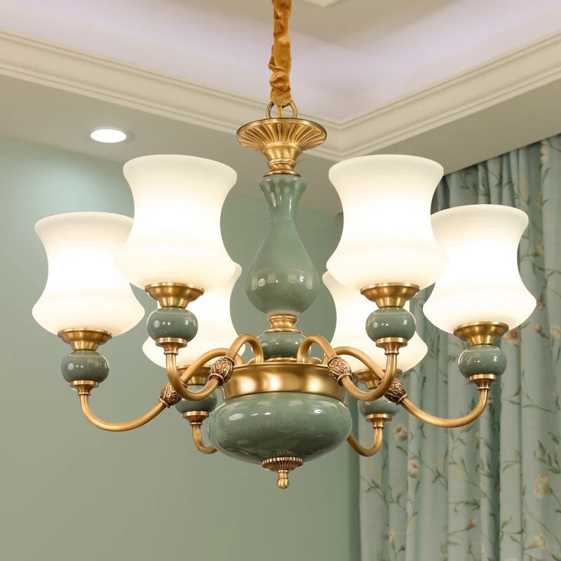 Đèn chùm gốm sứ xanh