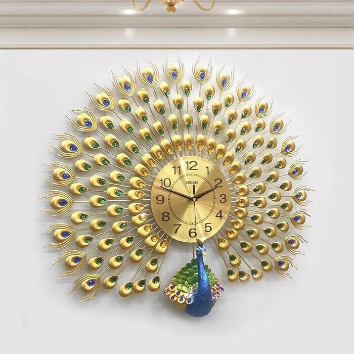 Đồng hồ Decor HT-174B Gold - Đồng hồ con công vàng 3d